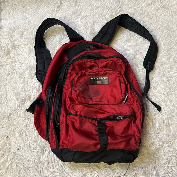 Vintage Ralph Lauren Polo Sport Backpack Bag Red black Zip Adjustable